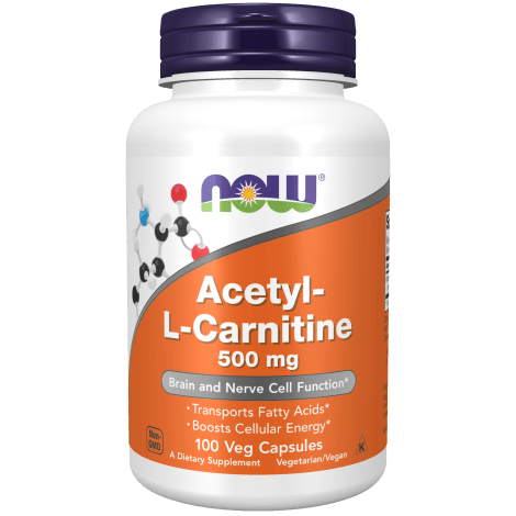 Suplemento de Acetil-L-Carnitina 500 mg de NOW Foods.