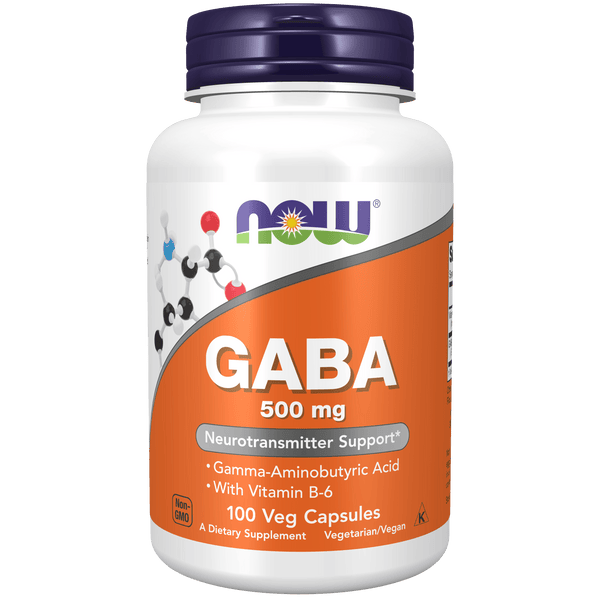 Suplemento GABA 500 mg NOW Foods para relajación y alivio del estrés.