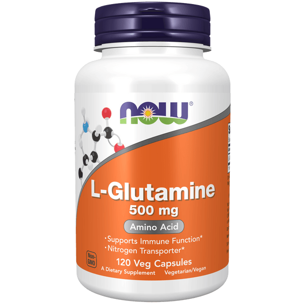 Suplemento L-Glutamina 500 mg NOW Foods para sistema inmune y recuperación muscular.