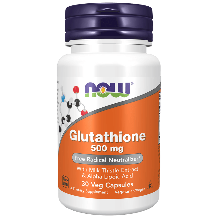 Suplemento Glutatión 500 mg NOW Foods para detoxificación y protección celular.