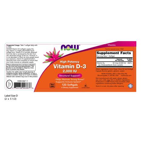 Suplemento Vitamina D-3 2000 UI Now Foods para fortalecer huesos