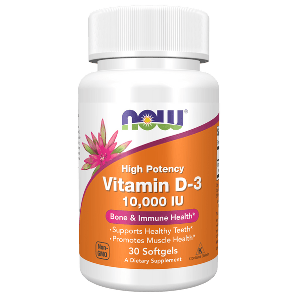 Suplemento Vitamina D3 10,000 UI para salud ósea y muscular.