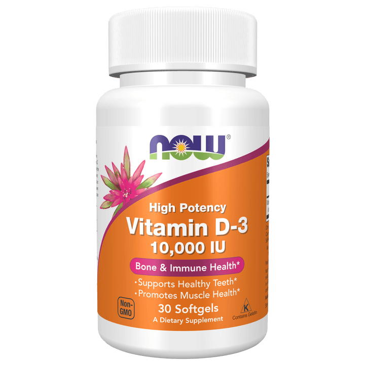 Suplemento Vitamina D3 10,000 UI para salud ósea y muscular.