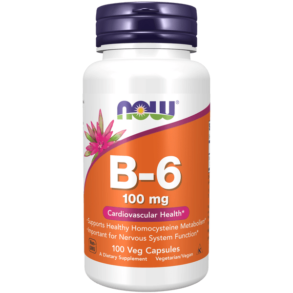 Suplemento Vitamina B-6 100 mg NOW Foods para salud cerebral y nerviosa.