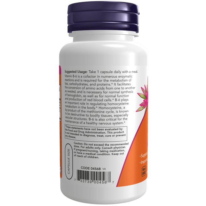 Vitamina B-6 100 mg NOW Foods para bienestar mental y emocional.