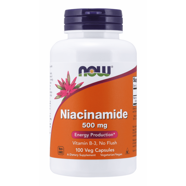 Suplemento Niacinamida B-3 500 mg NOW Foods para energía y salud celular.