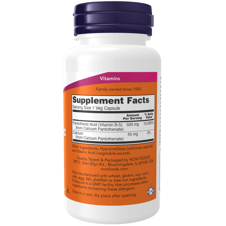 Vitamina B-5 NOW Foods para metabolismo y salud nerviosa.