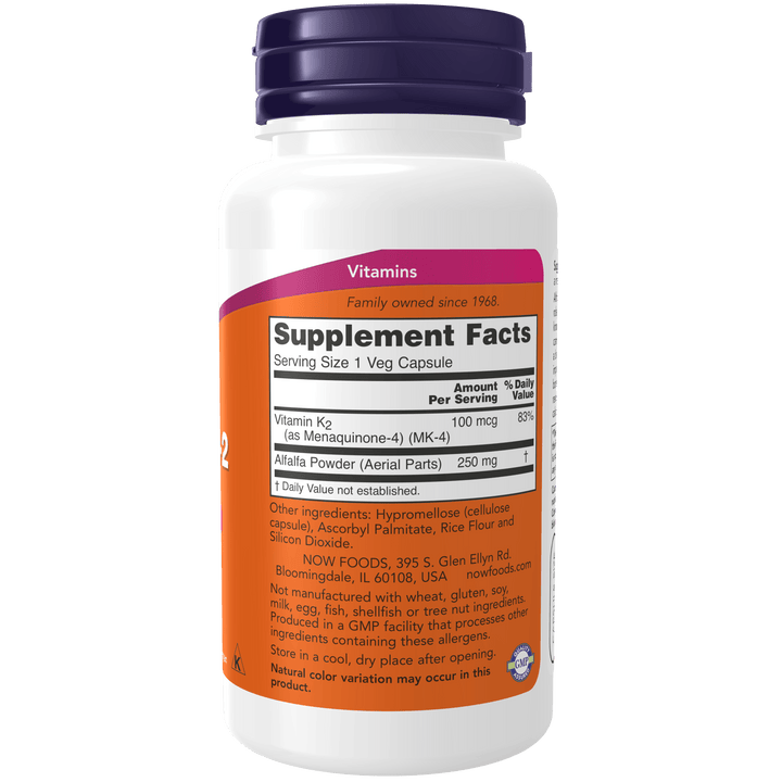 Suplemento Vitamina K2 100 mcg Now Foods para salud ósea y cardiovascular