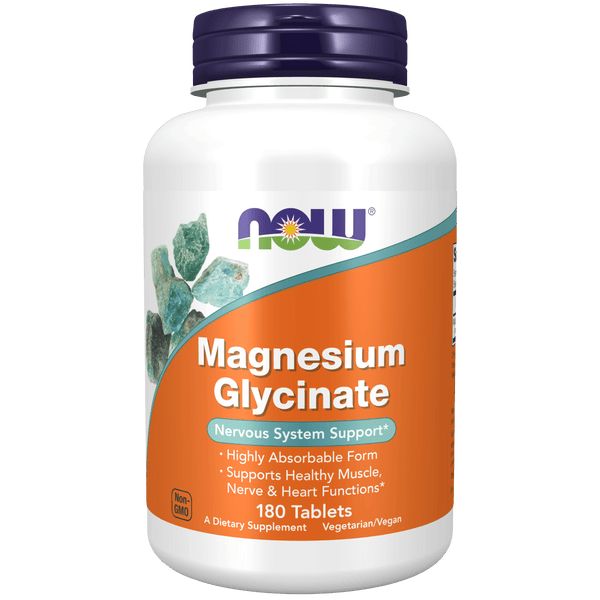 Suplemento Glicinato de Magnesio 200 mg Now Foods para salud muscular y cardiovascular.