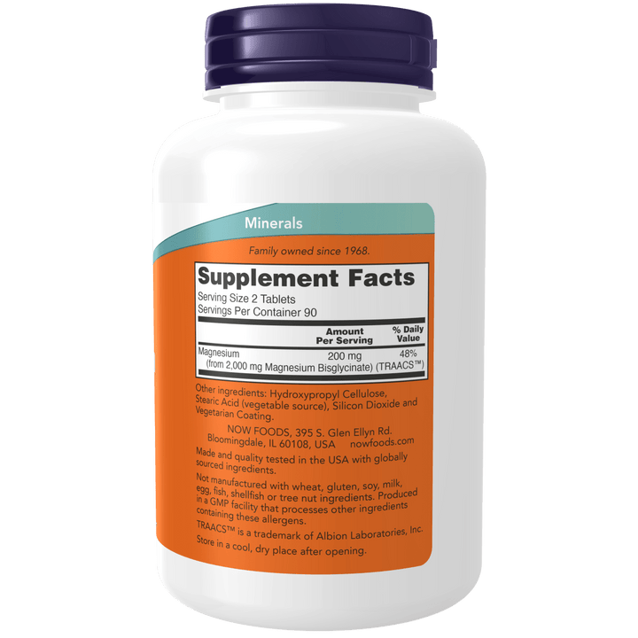 Suplemento Glicinato de Magnesio 200 mg Now Foods para salud muscular y cardiovascular.