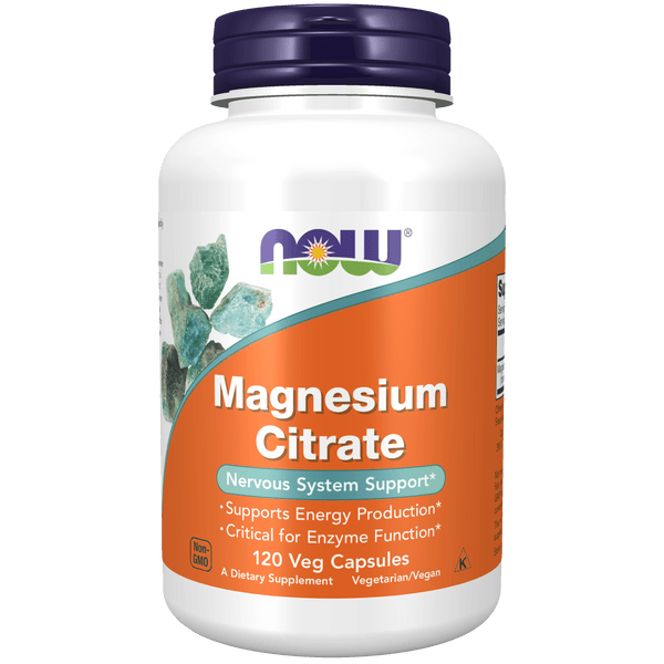 Suplemento Citrato de Magnesio 400 mg Now Foods para función muscular y energía.