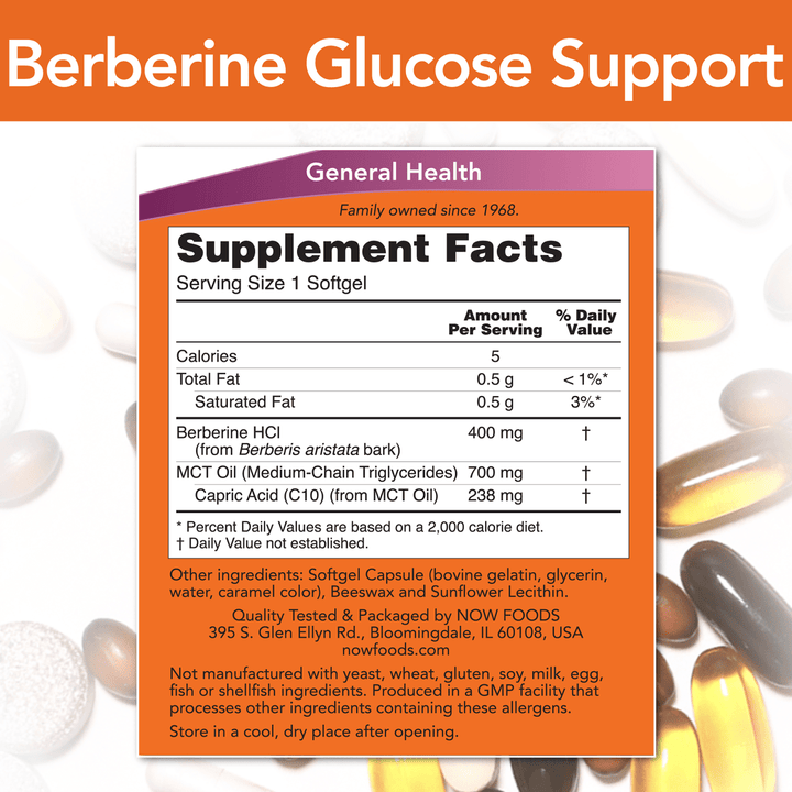 Suplemento Berberina Soporte de Glucosa Now Foods para salud metabólica.