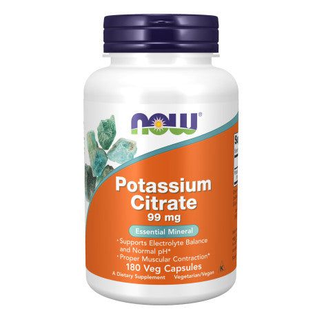 Suplemento Citrato de Potasio 99 mg NOW Foods para salud muscular y prevención de cálculos renales.