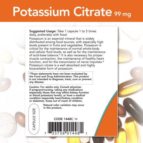 Citrato de Potasio 99 mg para salud muscular, eliminación de líquidos y bienestar general.