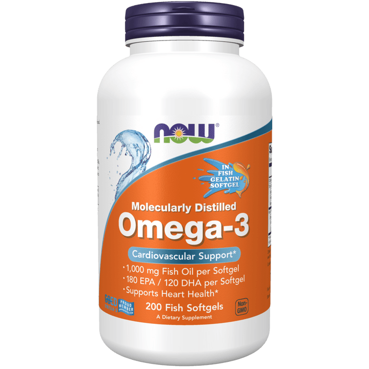 Suplemento Omega-3 1000 mg NOW Foods para salud cardiovascular y cerebral.