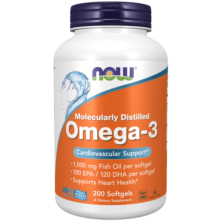 Suplemento Omega-3 Destilada Molecularmente NOW Foods para salud cardiovascular.