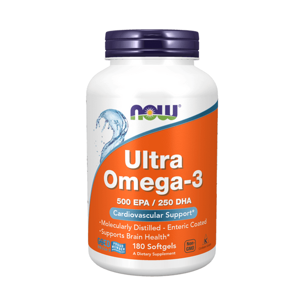 Suplemento Ultra Omega-3 500 EPA-250 DHA Now Foods para apoyo cerebral.