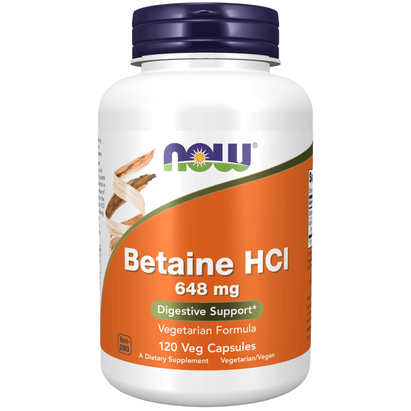 Suplemento Betaína HCL 648 mg vegano para apoyo digestivo y absorción de nutrientes.