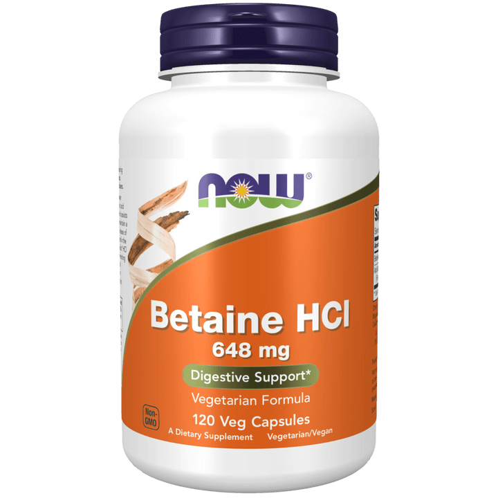 Suplemento Betaína HCL 648 mg vegano para apoyo digestivo y absorción de nutrientes.