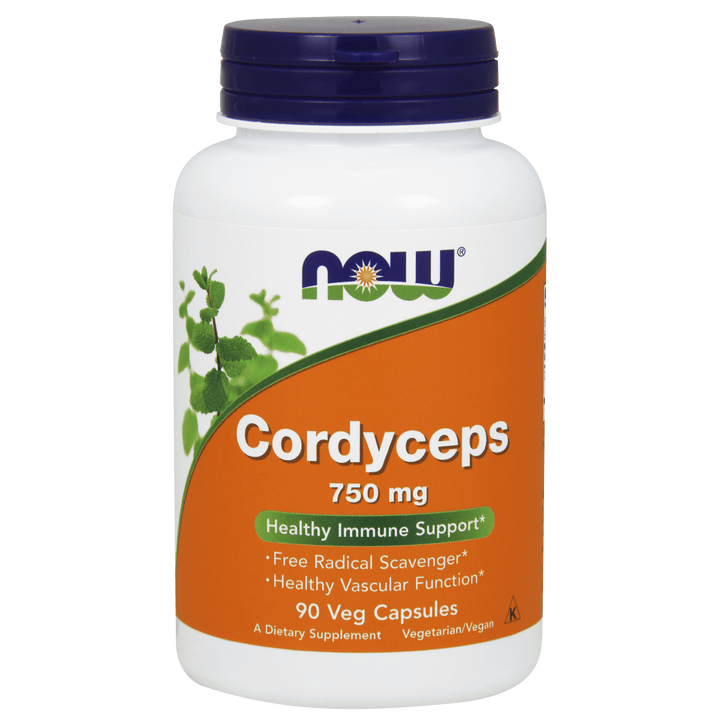 Suplemento Cordyceps 750 mg NOW Foods para energía y salud circulatoria.