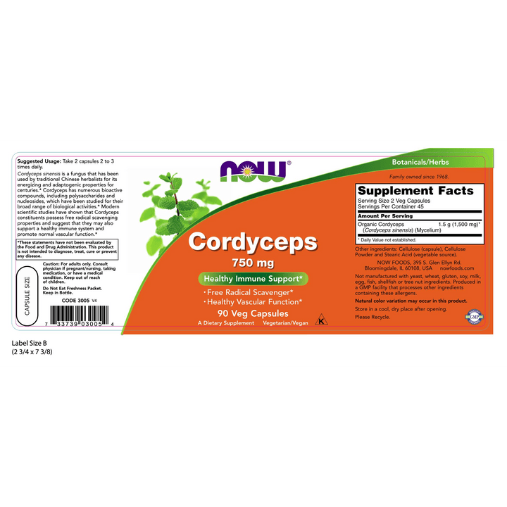 Cordyceps NOW Foods para mejora de la vitalidad y eliminación de radicales libres.