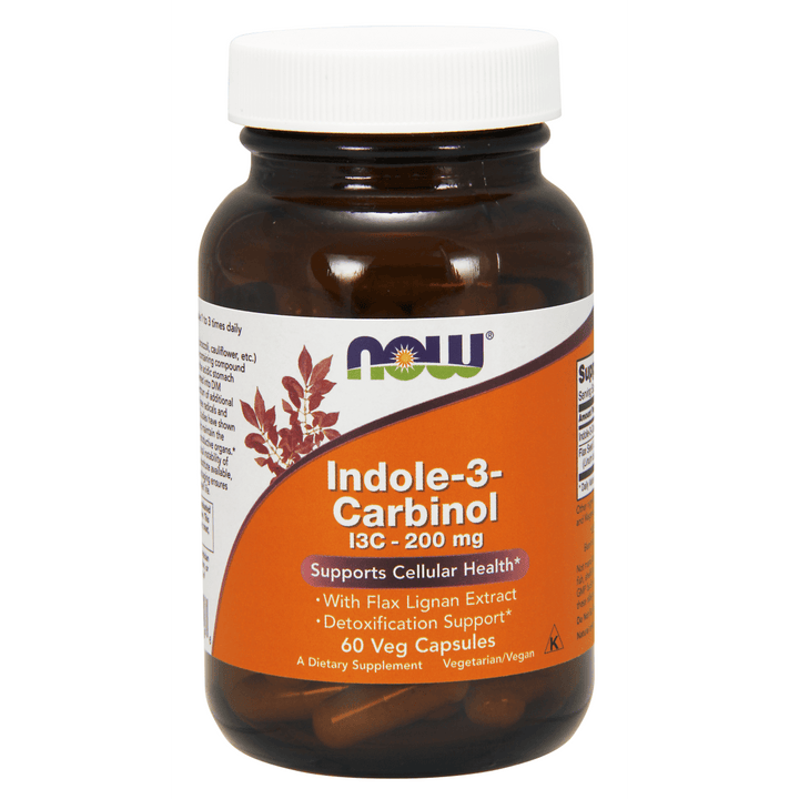 Suplemento Indol-3-Carbinol 200 mg NOW Foods para desintoxicación y equilibrio hormonal.