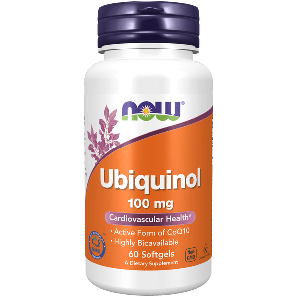 Suplemento Ubiquinol 100 mg NOW Foods para salud cardíaca y energía celular.