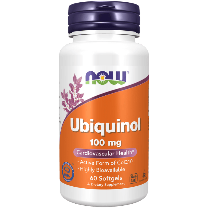 Suplemento Ubiquinol 100 mg NOW Foods para salud cardíaca y energía celular.