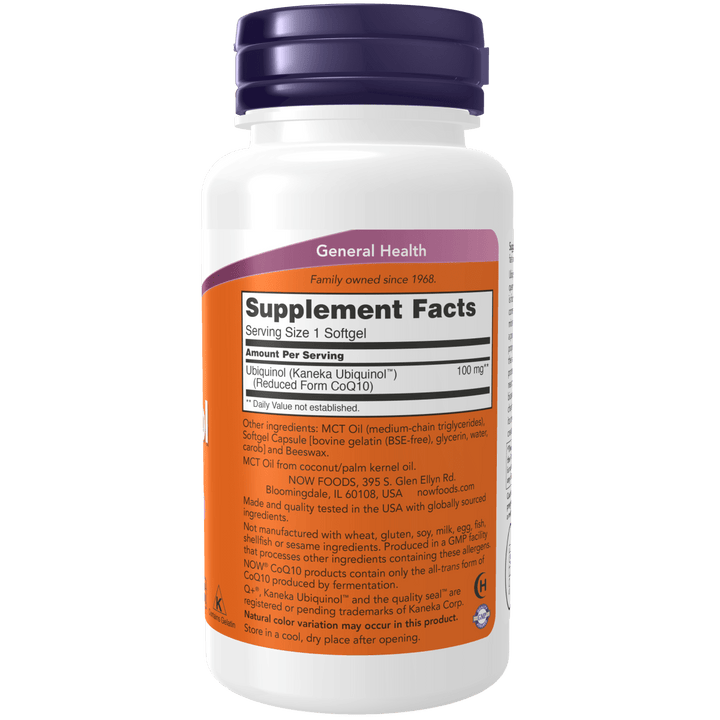 Ubiquinol NOW Foods con CoQ10 activa para protección celular y antioxidante.