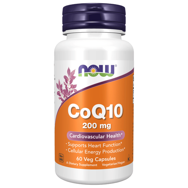 Suplemento CoQ10 200 mg NOW Foods para salud cardíaca y energía celular.