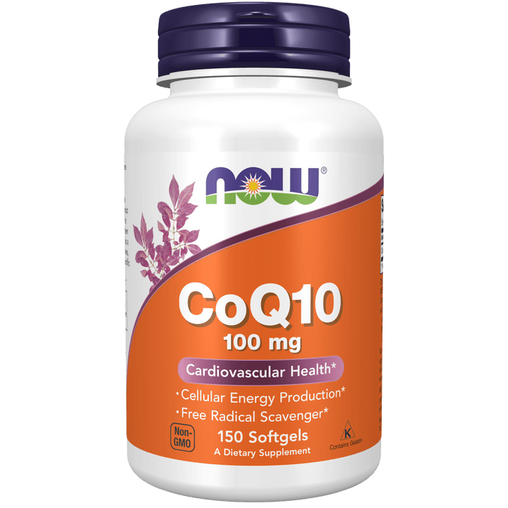 Suplemento CoQ10 100 mg NOW Foods para salud cardiovascular.