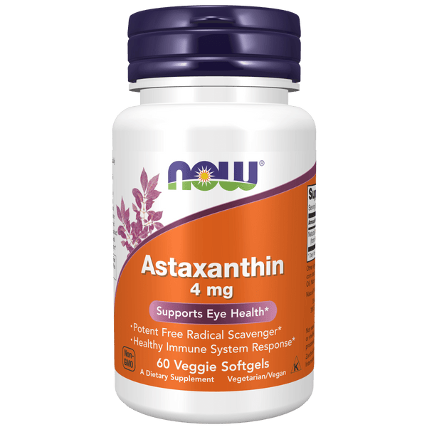 Suplemento Astaxantina 4 mg NOW Foods para protección antioxidante.