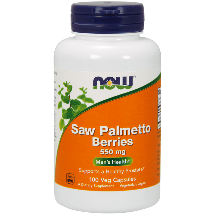 Suplemento Saw Palmetto 550 mg NOW Foods para apoyo prostático y equilibrio hormonal.