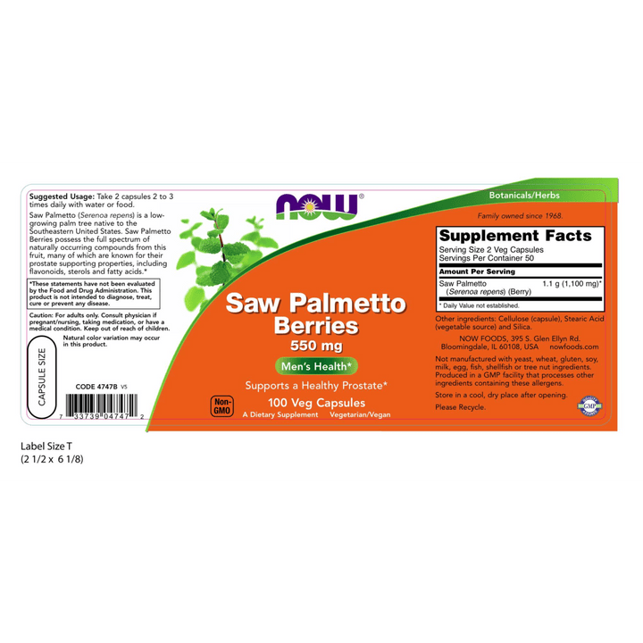 Saw Palmetto NOW Foods vegano y halal para salud masculina.