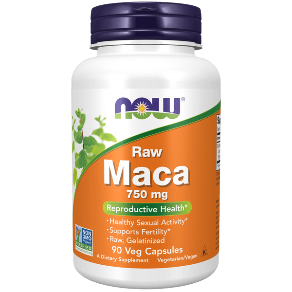  Suplemento de Maca Cruda 750 mg NOW Foods para energía y equilibrio hormonal.