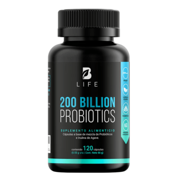 Suplemento probiótico B Life con 200 Billones de UFC para la salud intestinal.