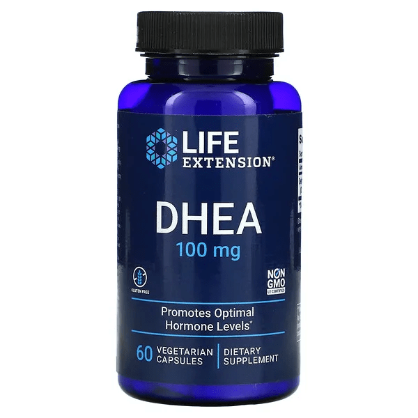 Suplemento DHEA 100 mg Life Extension para equilibrio hormonal y bienestar.