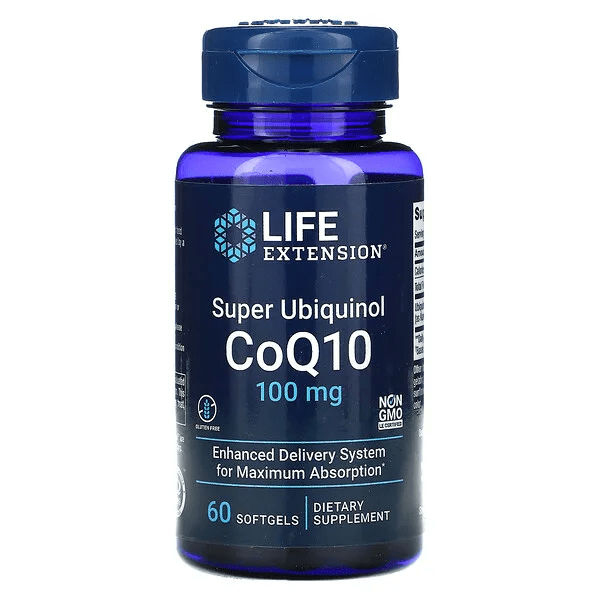 Suplemento Súper Ubiquinol CoQ10 100 mg Life Extension para salud cardíaca y energía celular.