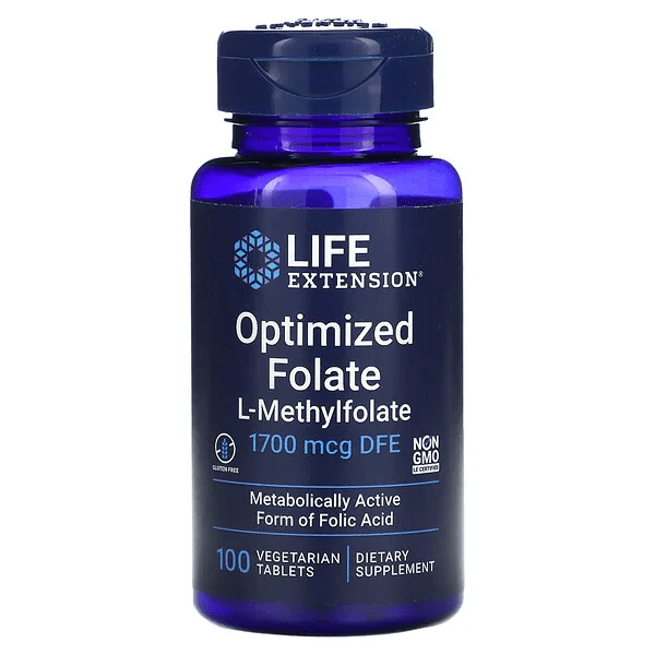 Suplemento de Folato optimizado Life Extension para la salud cardiovascular y mental.