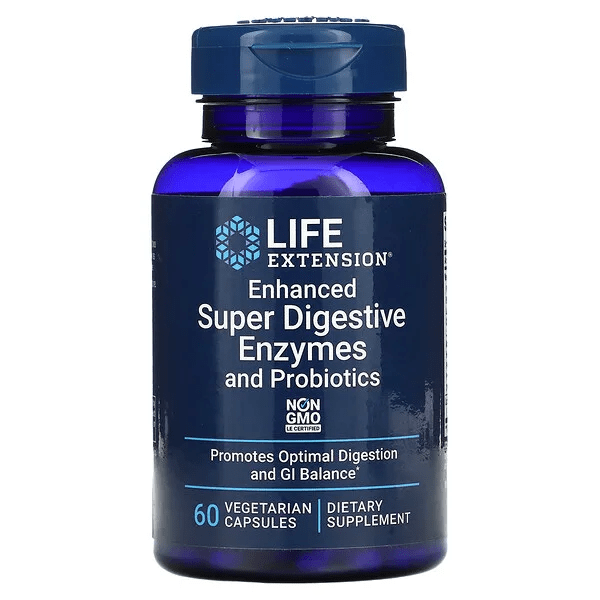 Suplemento de enzimas digestivas y probióticos Life Extension para digestión óptima.