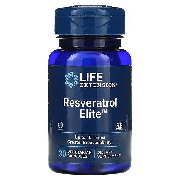 Suplemento Resveratrol Elite Life Extension para longevidad y salud cardíaca.