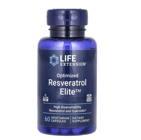 Suplemento Resveratrol Optimizado Elite Life Extension para salud cardíaca y antioxidante.