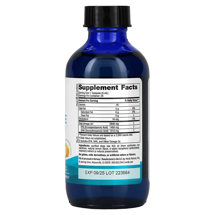 Omega-3 de alta concentración con sabor a limón para apoyo cardiovascular.