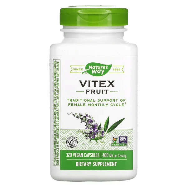  Suplemento Vitex Fruit 400 mg Nature's Way para salud femenina y equilibrio hormonal.