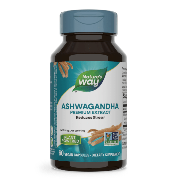 Suplemento Ashwagandha 500 mg Nature's Way para reducir el estrés.