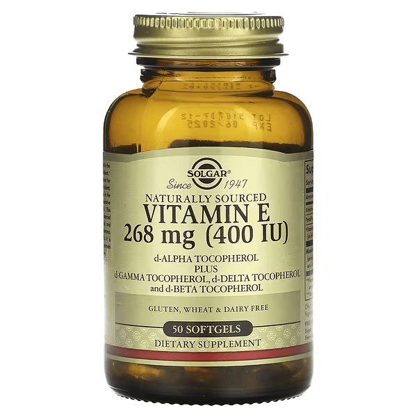 Suplemento Vitamina E 400 IU Solgar para salud inmunológica y cardiovascular.