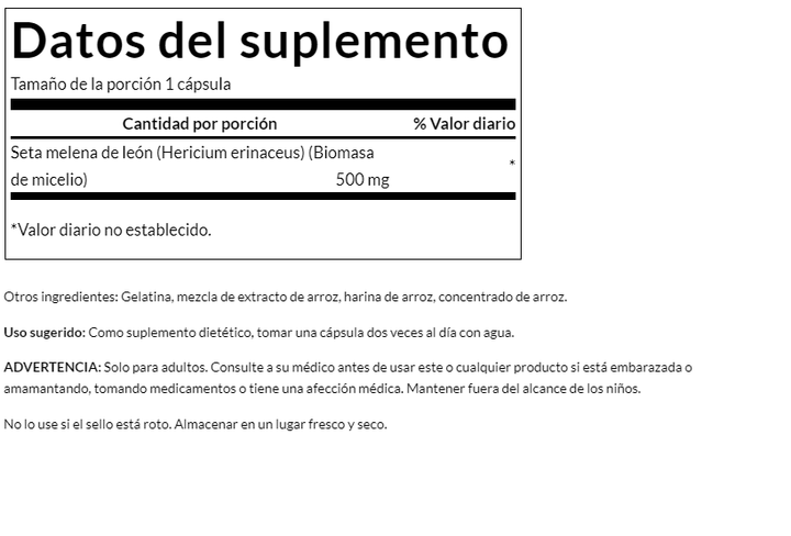 Suplemento Hongo Melena de León 500 mg Swanson para refuerzo mental