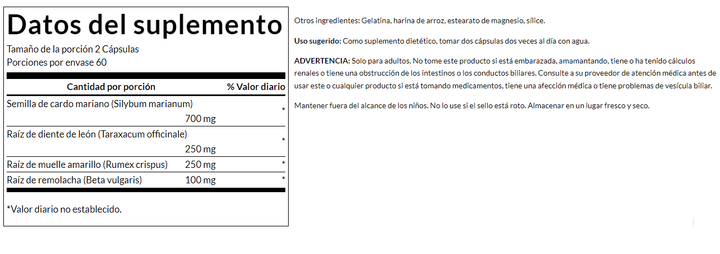 Cardo Mariano, Diente de León y Muelle Amarillo para apoyo hepático y antioxidante.