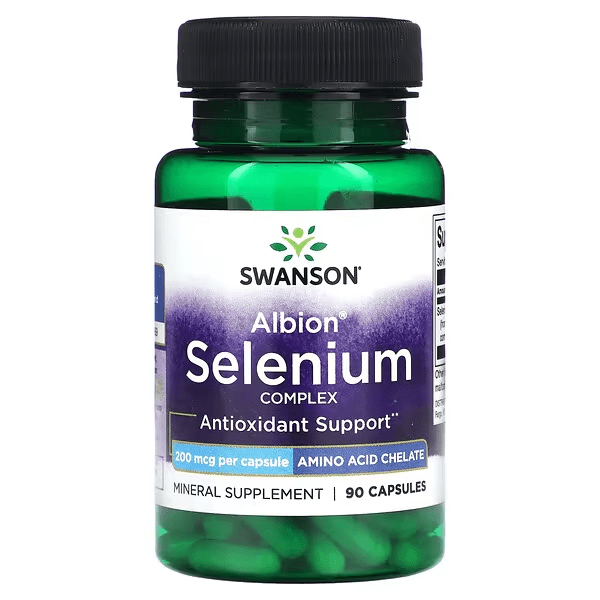 Suplemento de Selenio 200 mcg Swanson para salud cardiovascular y antioxidante.