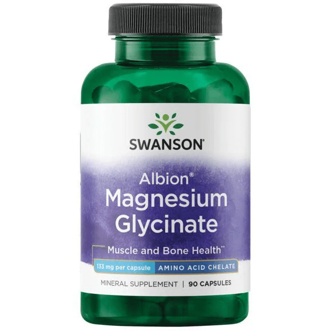 Suplemento Glicinato de Magnesio de Albion Swanson para relajación y apoyo muscular.